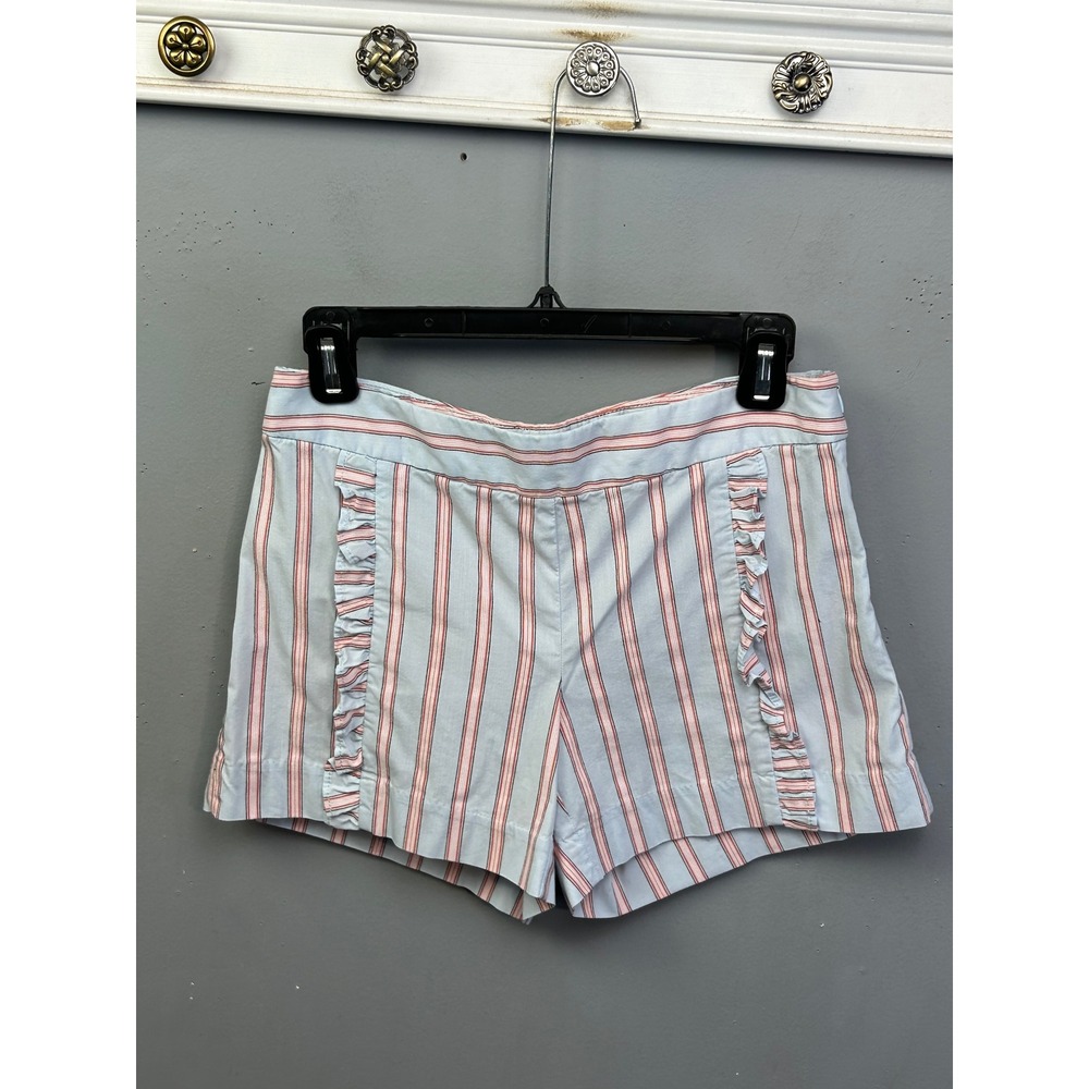 LOFT Shorts Womens 00 Blue Red Striped Ruffle‎ Trim Cotton Blend Side Zip 17226